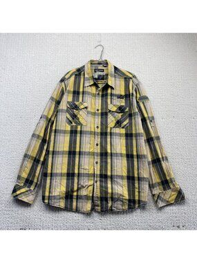 Y2K Button up Dress Shirt Yellow Plaid Grunge Military Patch Western Men Sz 2XL